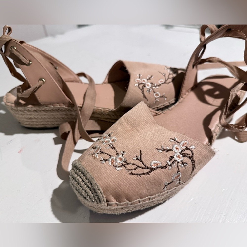 Embroidered peach Espadrille Lace-Up Sandals